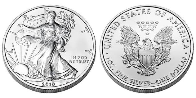 2010 American Silver Eagle dollar coin obverse and reverse showing Walking Liberty and heraldic eagle designs