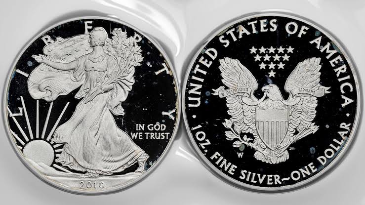 Grading comparison strip of four 2010 American Silver Eagle coins showing condition tiers MS67 through MS70 side by side for comparison